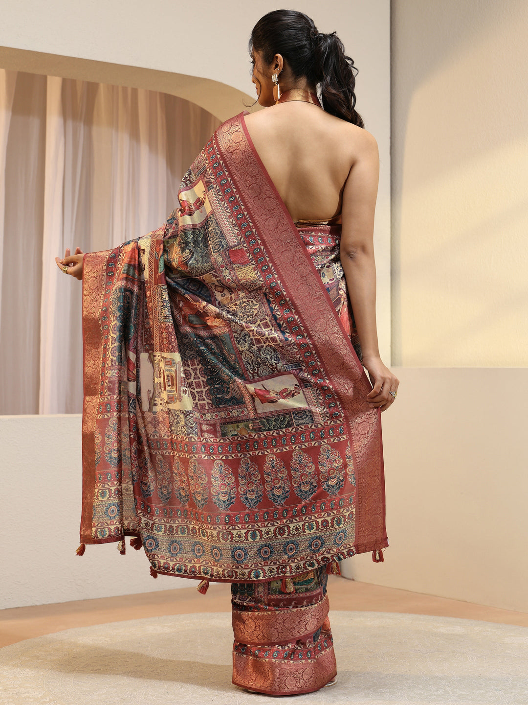  Multicolour Mughal Print Silk Blend Saree 