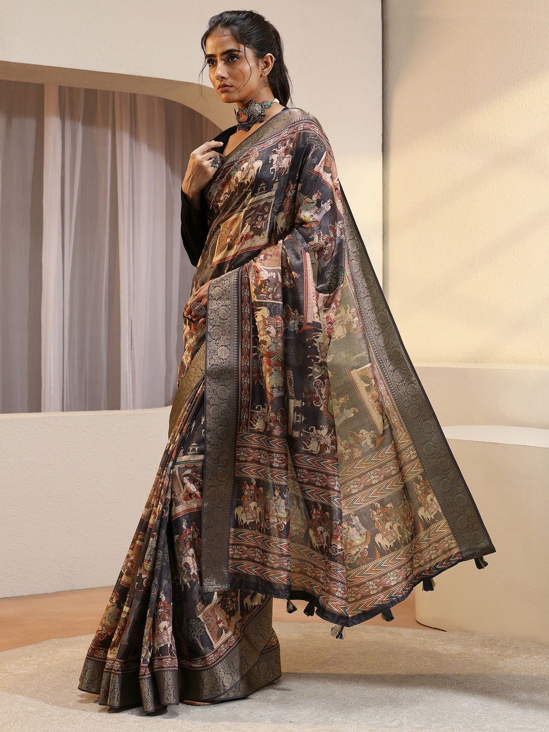  Charcoal Black Maharaja Print Silk Blend Saree 