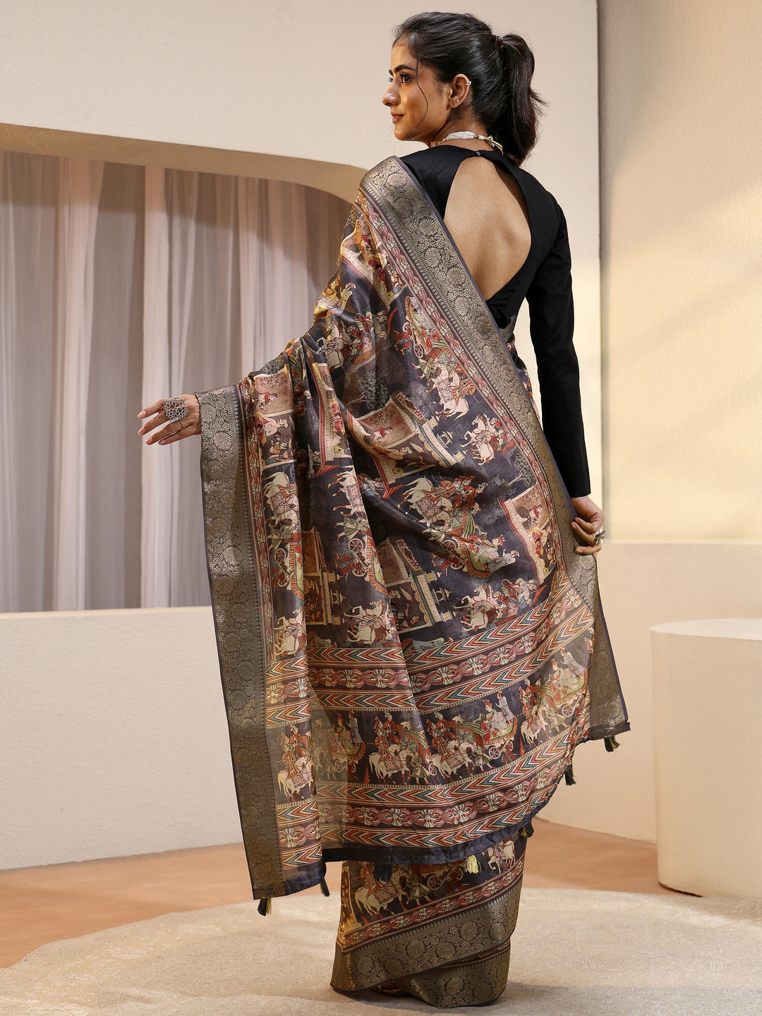 Charcoal Black Maharaja Print Silk Blend Saree 