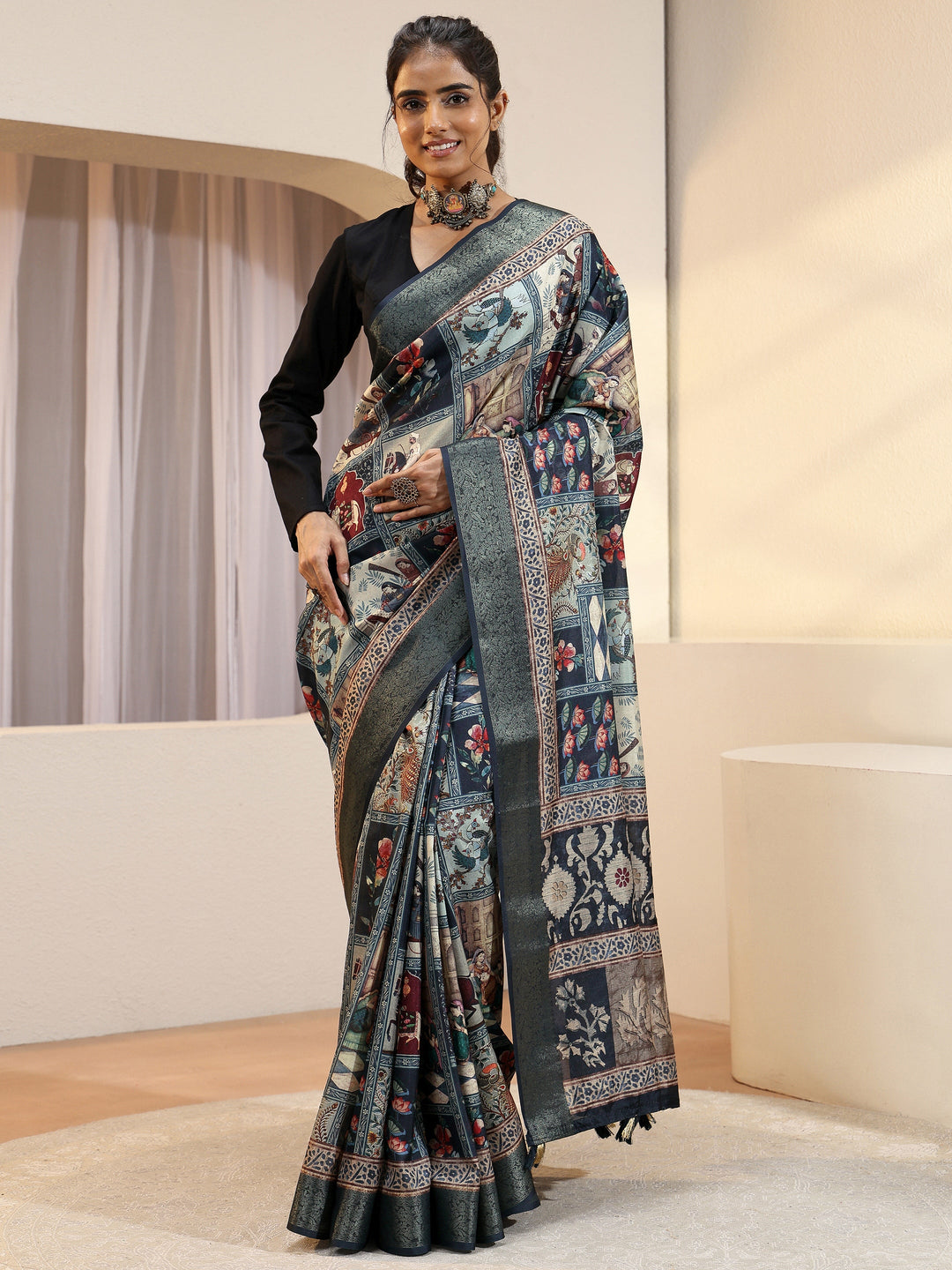  Navy Blue Mughal Print Silk Blend Saree 