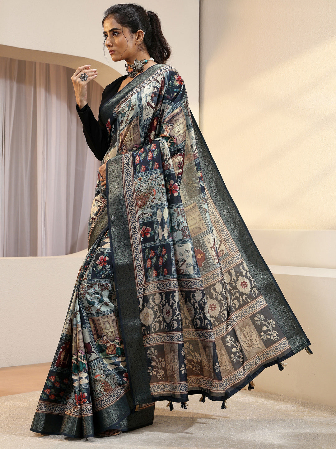  Navy Blue Mughal Print Silk Blend Saree 