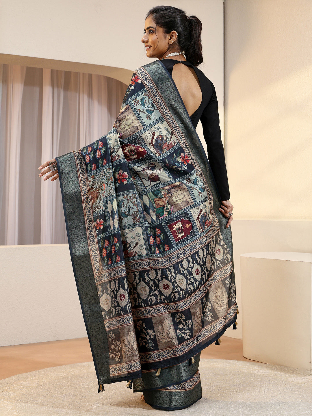  Navy Blue Mughal Print Silk Blend Saree 