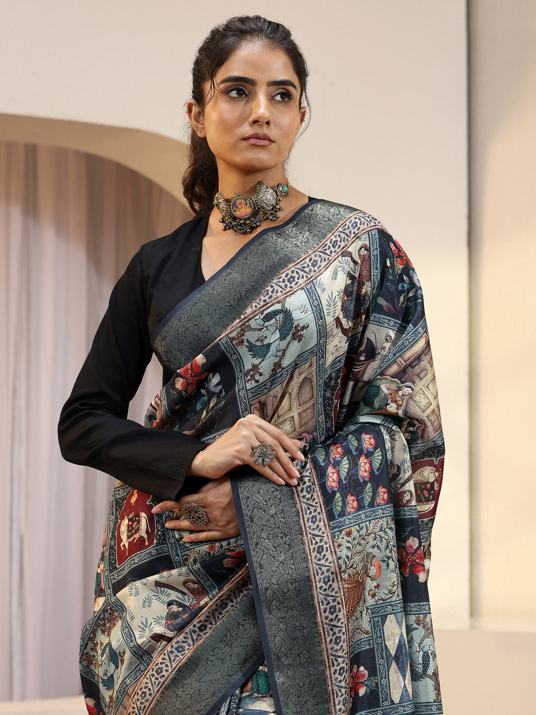  Navy Blue Mughal Print Silk Blend Saree 