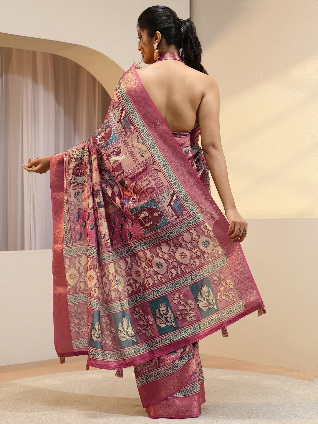  Pink Mughal Print Silk Blend Saree 