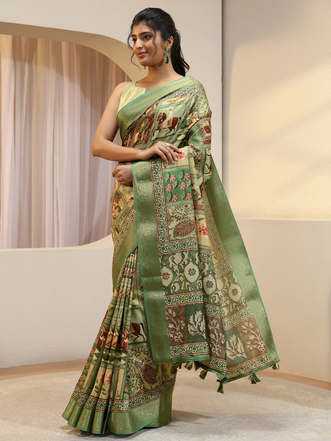  Sage Green Mughal Print Silk Blend Saree 