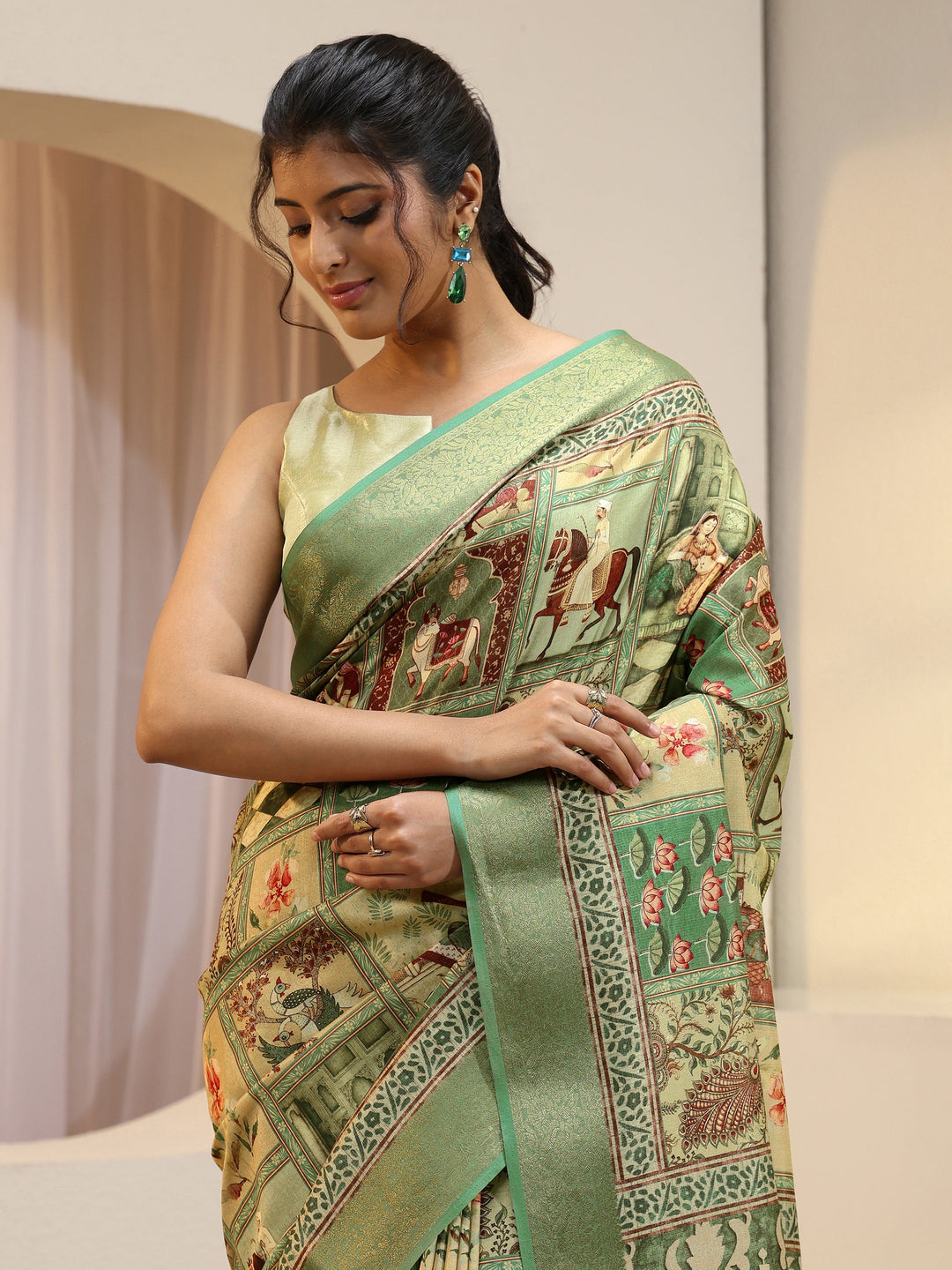  Sage Green Mughal Print Silk Blend Saree 