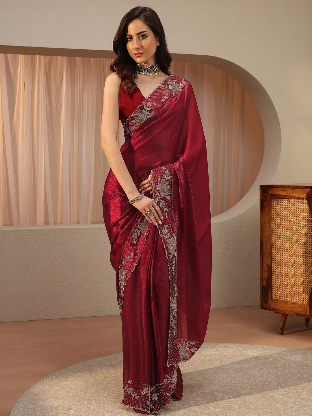  Libas Art Maroon Tissue Saree With Embellished Border 
