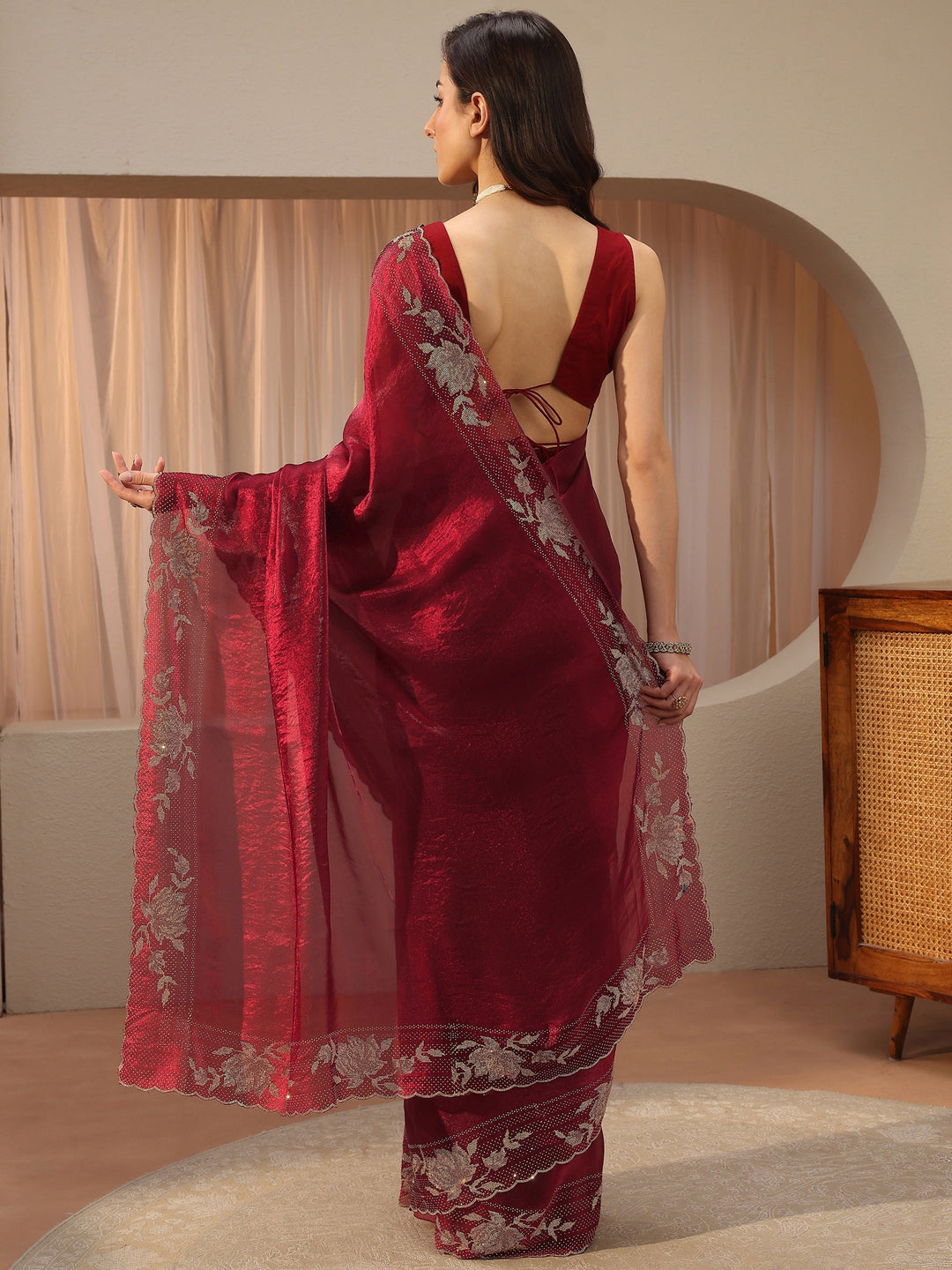  Libas Art Maroon Tissue Saree With Embellished Border 