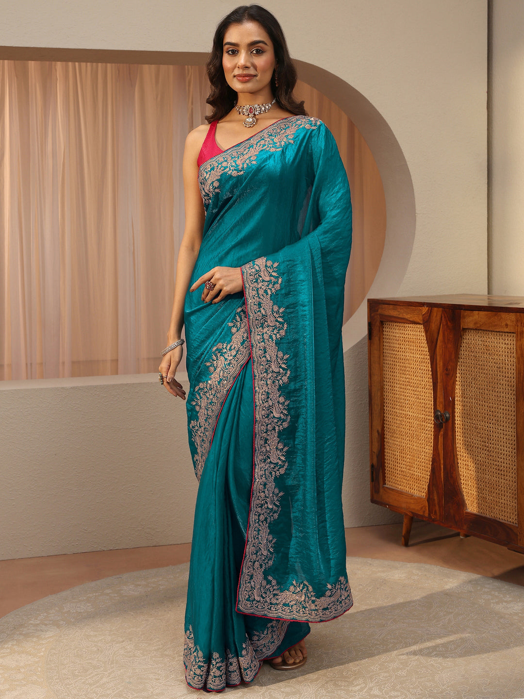  Cerulean Blue Tissue Saree With Embellished Border 