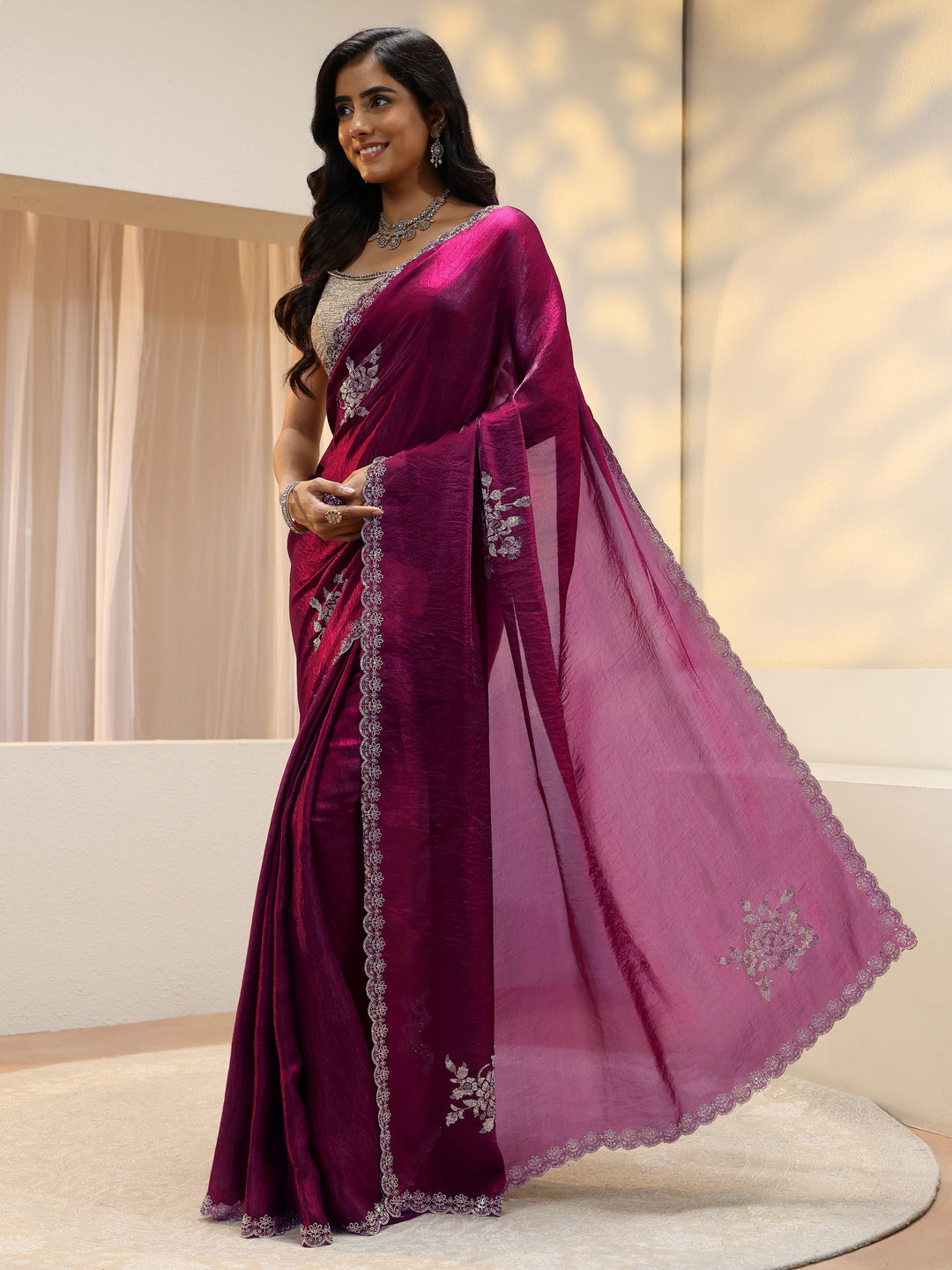  Burgundy Floral Embellished Tissue Saree 