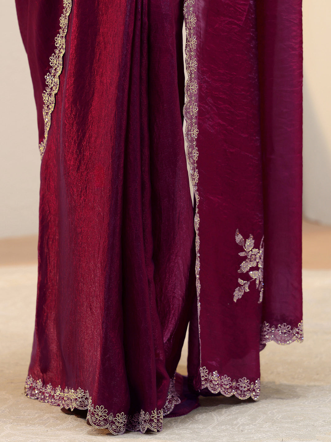  Burgundy Floral Embellished Tissue Saree 