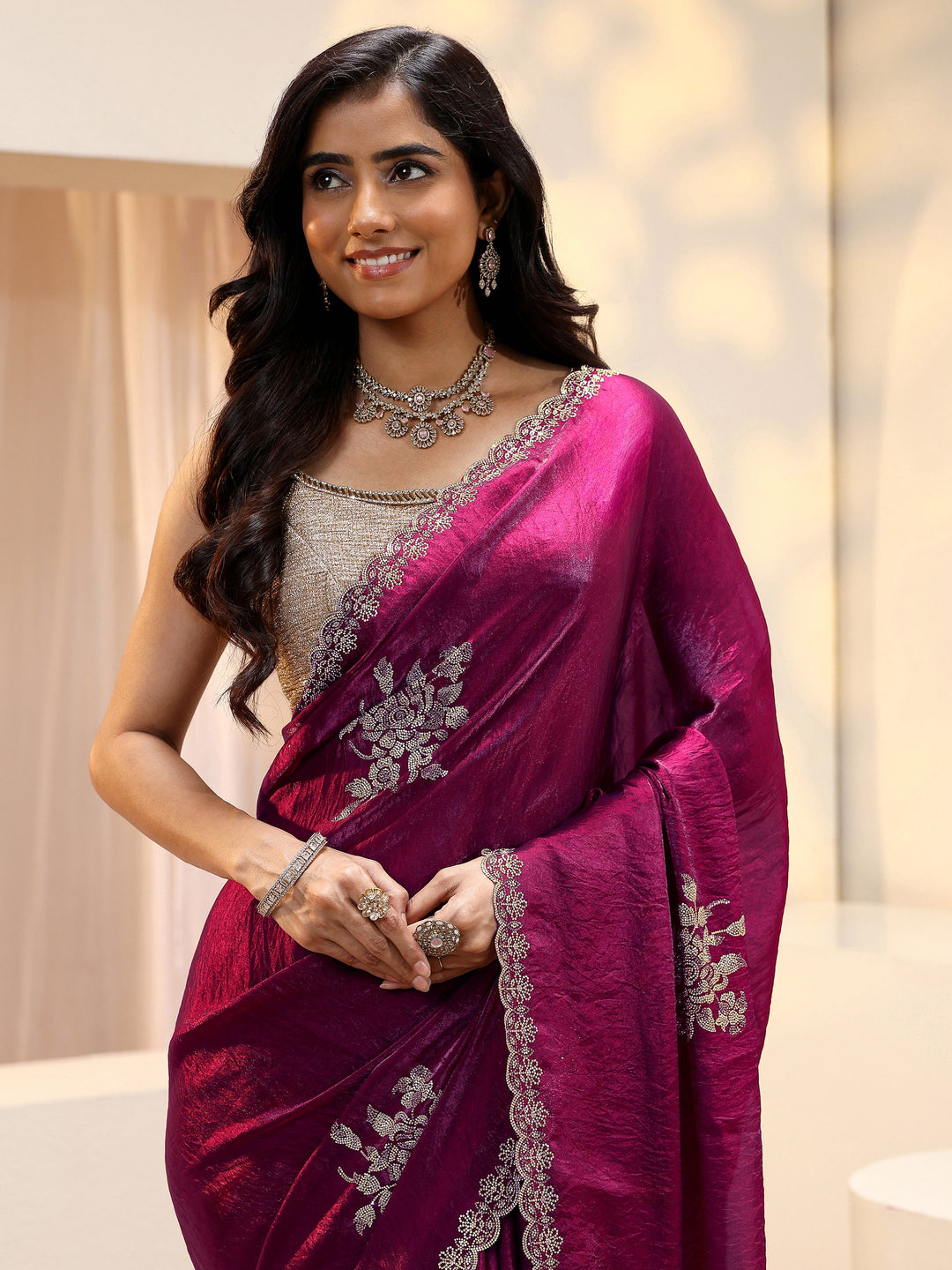  Burgundy Floral Embellished Tissue Saree 