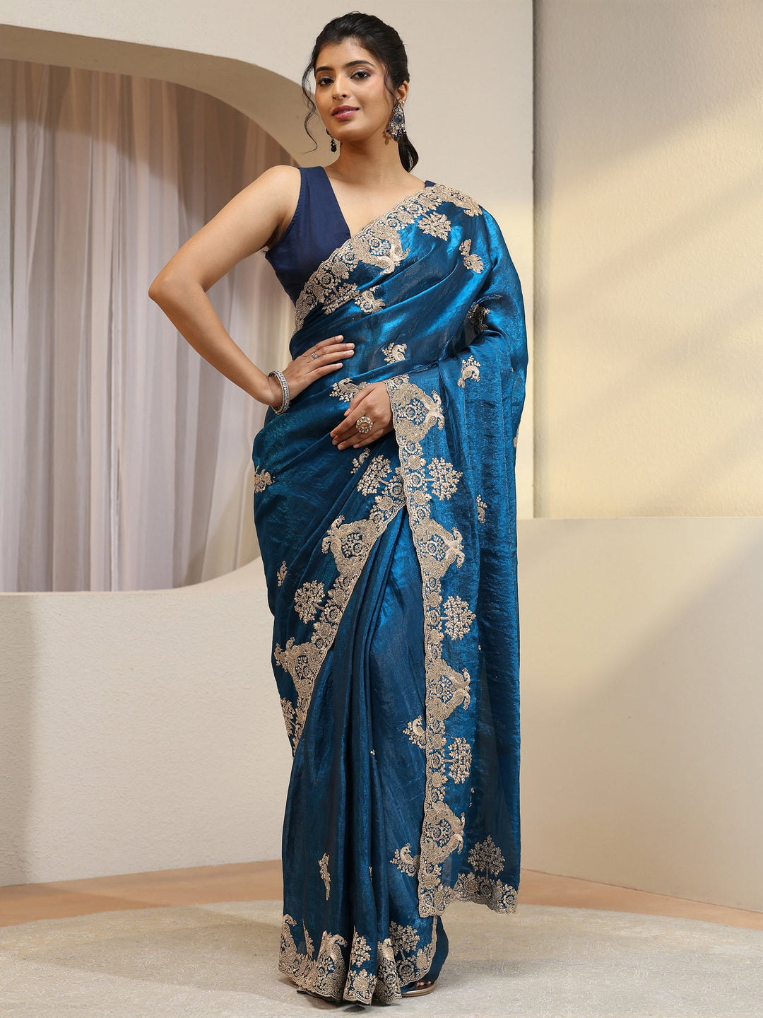  Cobalt Blue Peacock Embroidered Tissue Saree 