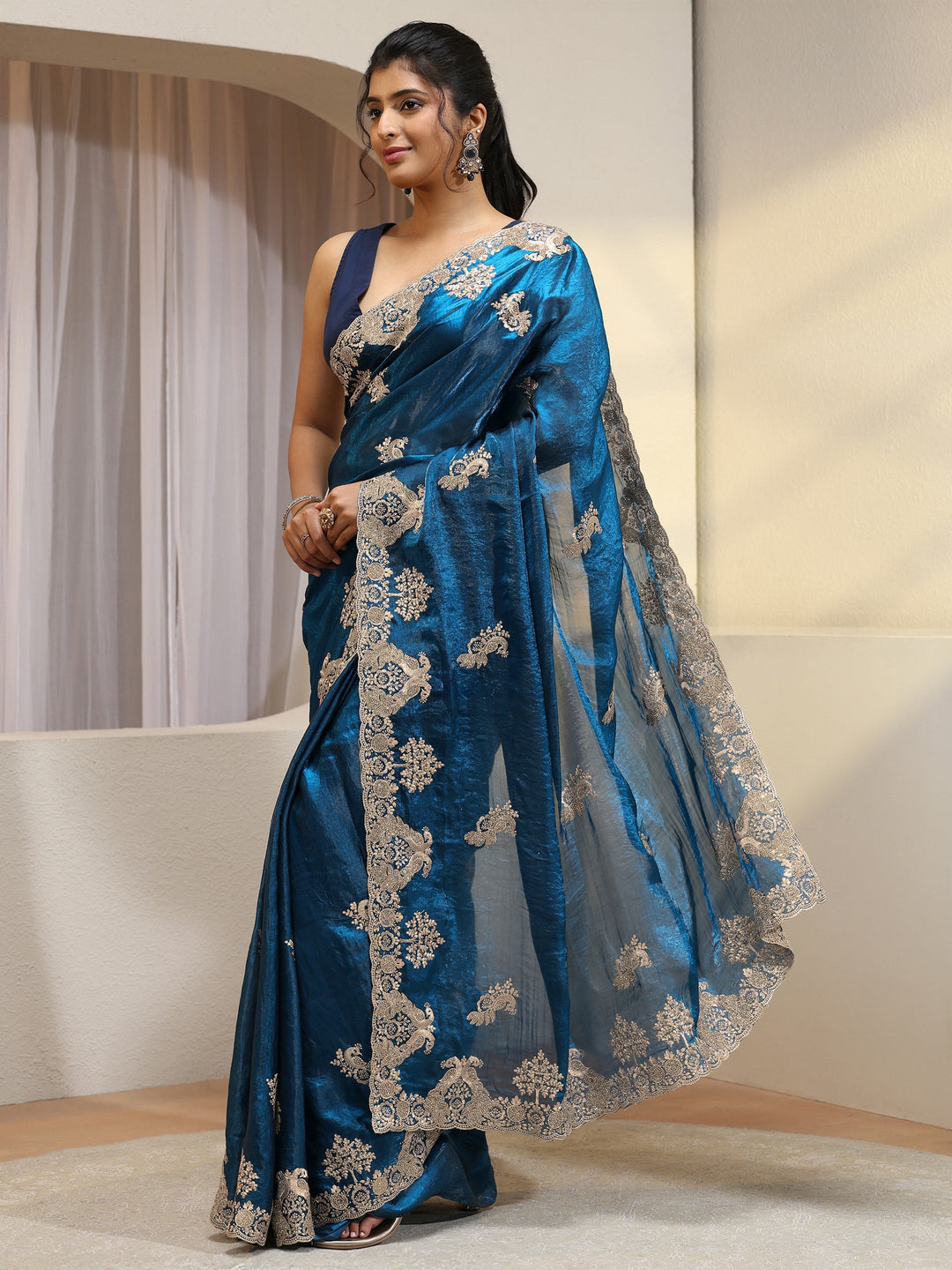  Cobalt Blue Peacock Embroidered Tissue Saree 