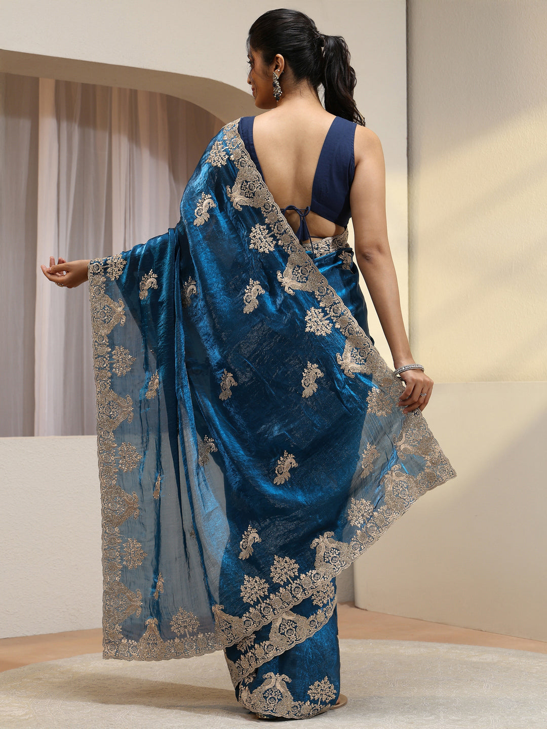  Cobalt Blue Peacock Embroidered Tissue Saree 