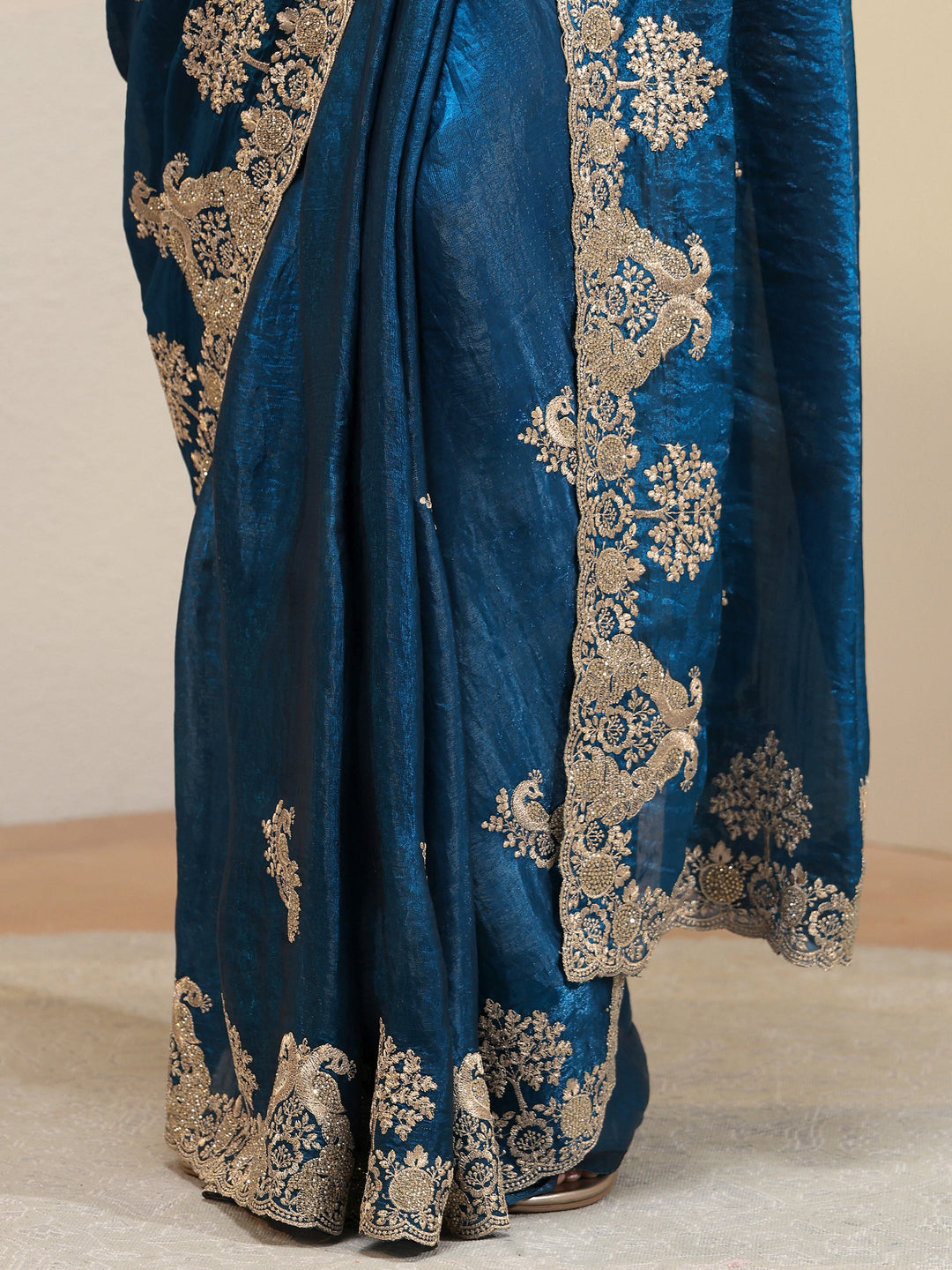  Cobalt Blue Peacock Embroidered Tissue Saree 