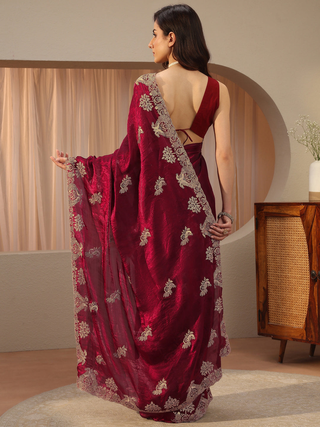  Maroon Peacock Embroidered Tissue Saree 