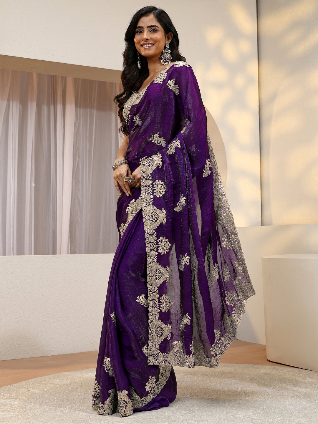  Aubergine Peacock Embroidered Tissue Saree 