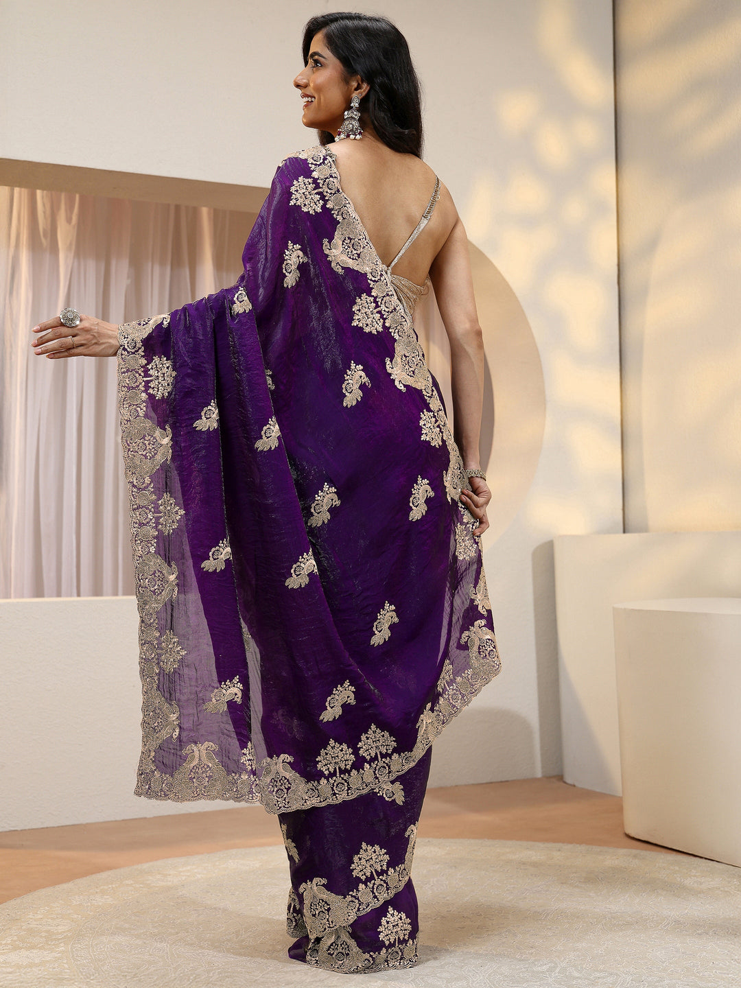  Aubergine Peacock Embroidered Tissue Saree 