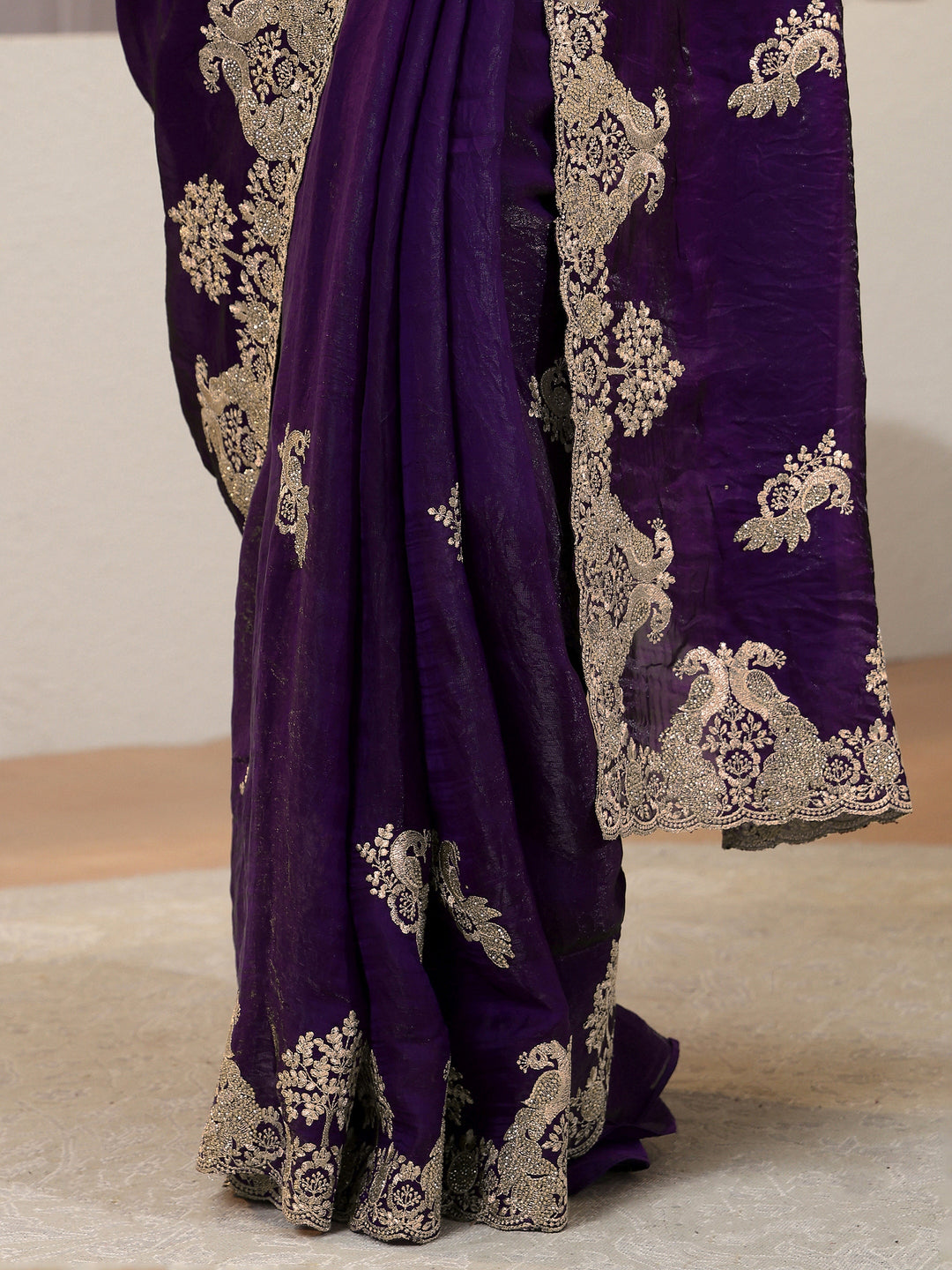  Aubergine Peacock Embroidered Tissue Saree 