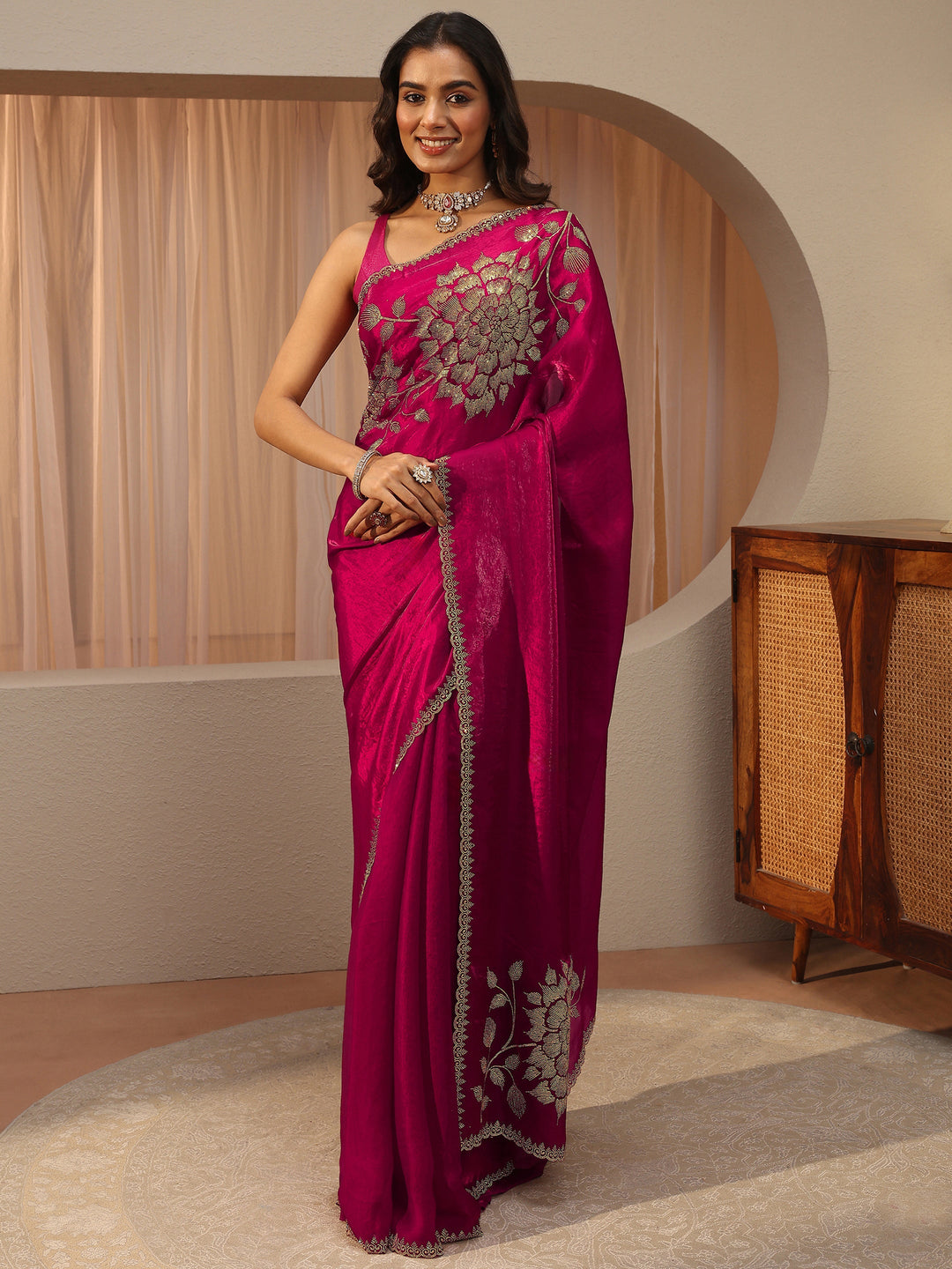  Libas Pink Floral Embellished Tissue Saree 
