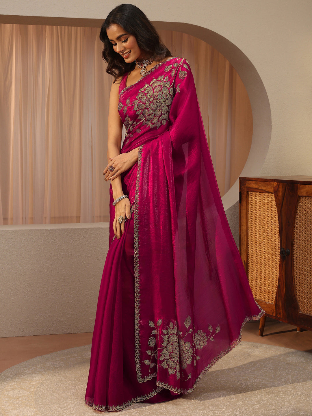  Libas Pink Floral Embellished Tissue Saree 
