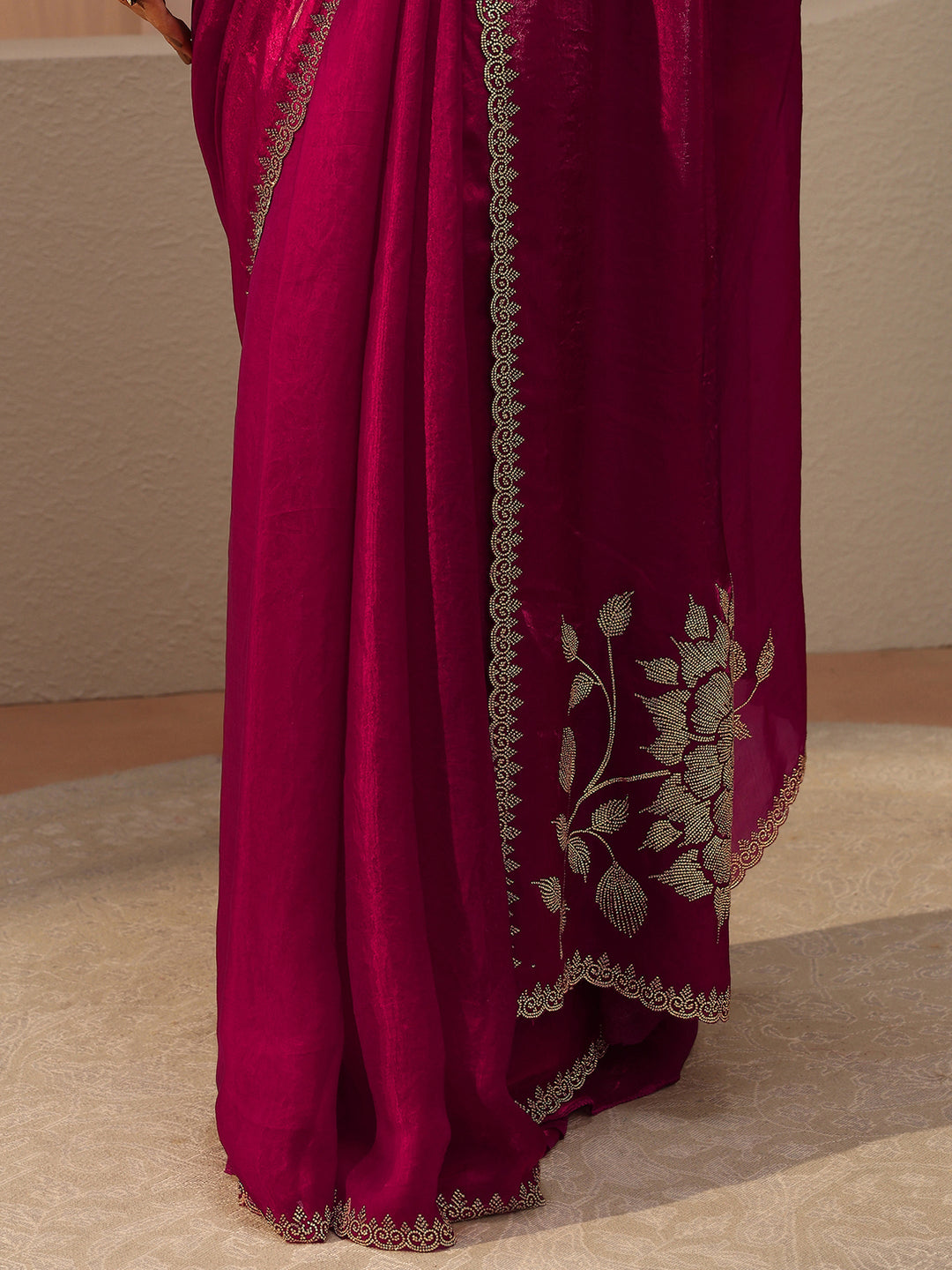  Libas Pink Floral Embellished Tissue Saree 