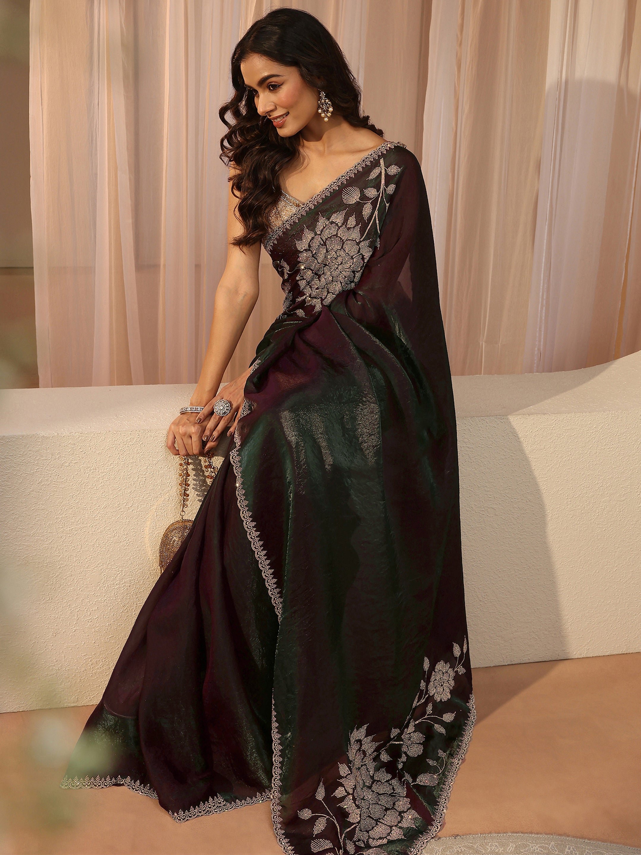 Burgundy Floral Embellished Tissue Saree-image-33