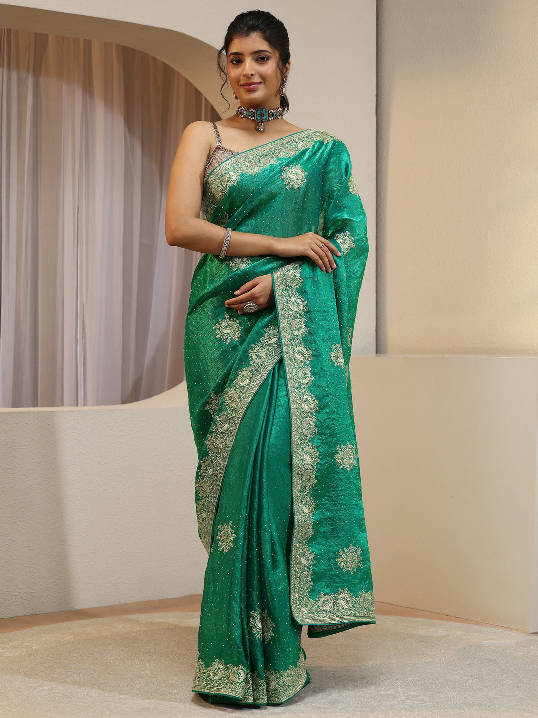  Sea Green Floral Embroidered Tissue Saree 