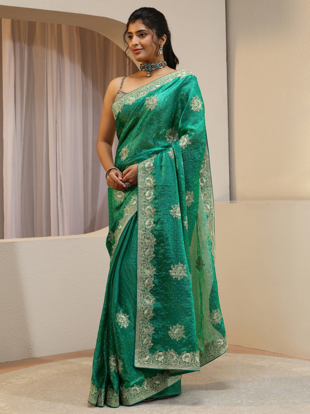  Sea Green Floral Embroidered Tissue Saree 