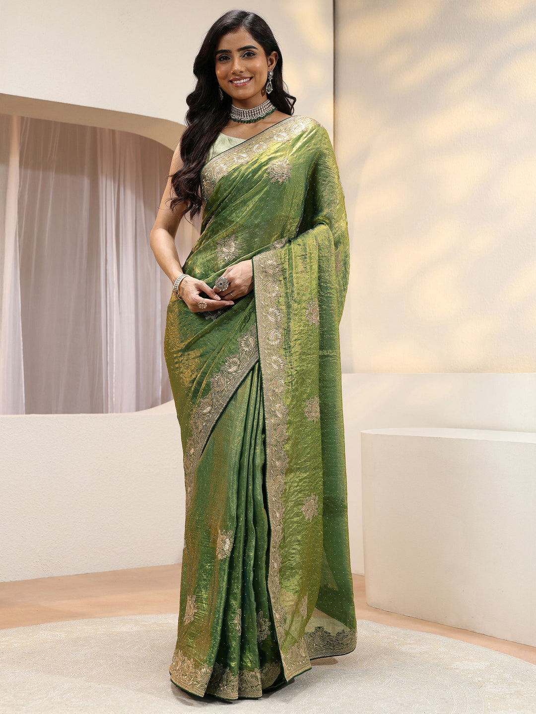  Fern Green Floral Embroidered Tissue Saree 