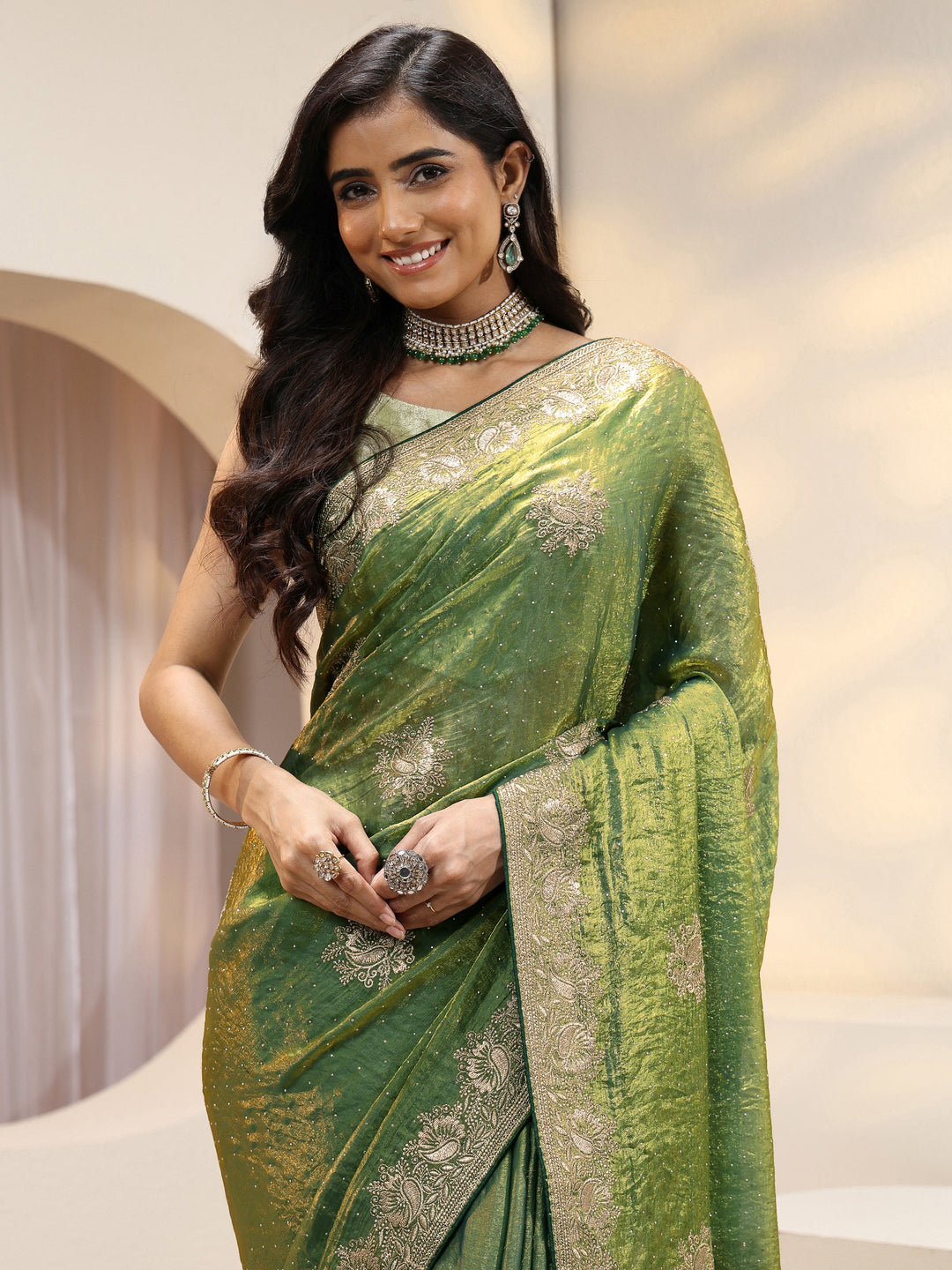  Fern Green Floral Embroidered Tissue Saree 