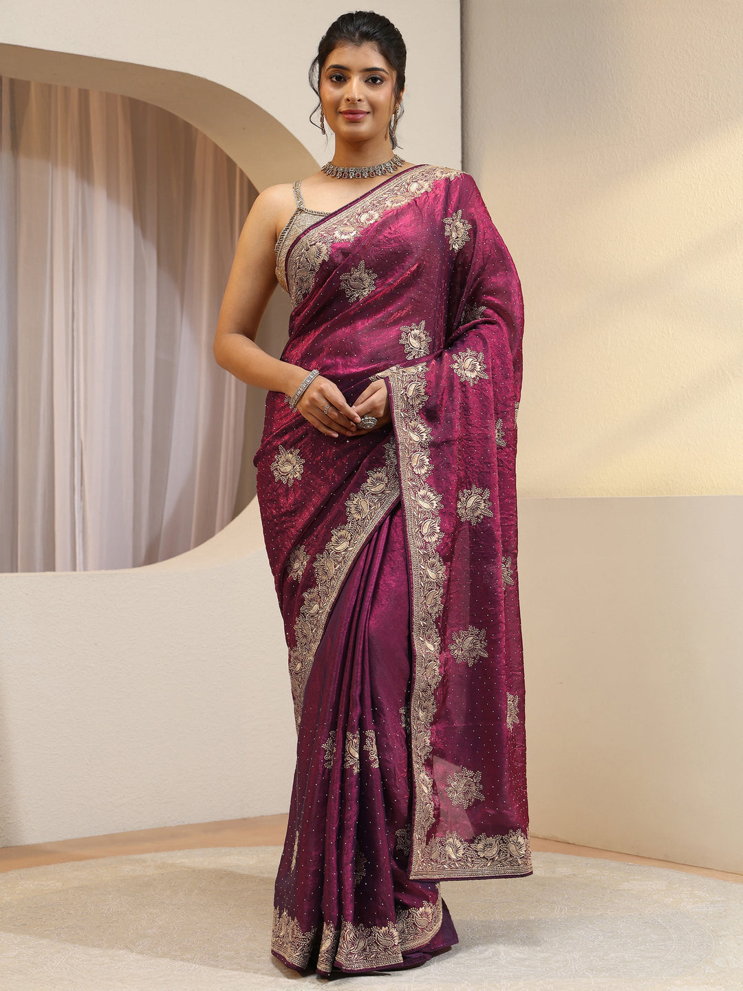  Burgundy Floral Embroidered Tissue Saree 