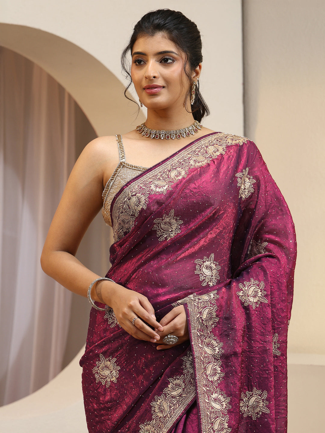  Burgundy Floral Embroidered Tissue Saree 