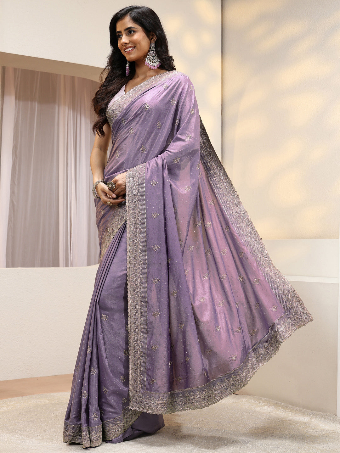  Lavender Satin Saree With Embellished Border 