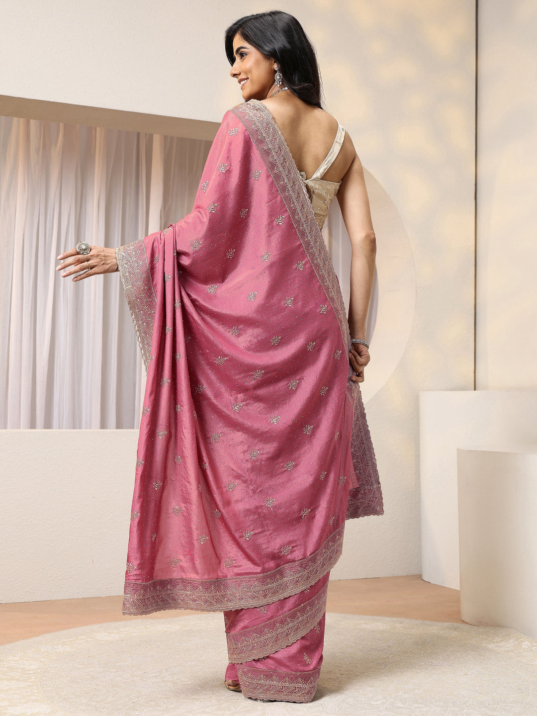 Libas Dusty Pink Satin Saree With Embellished Border 