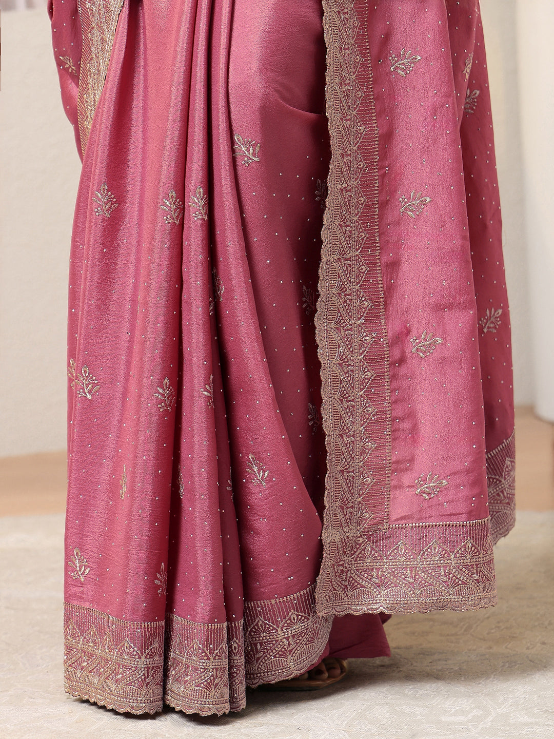  Libas Dusty Pink Satin Saree With Embellished Border 