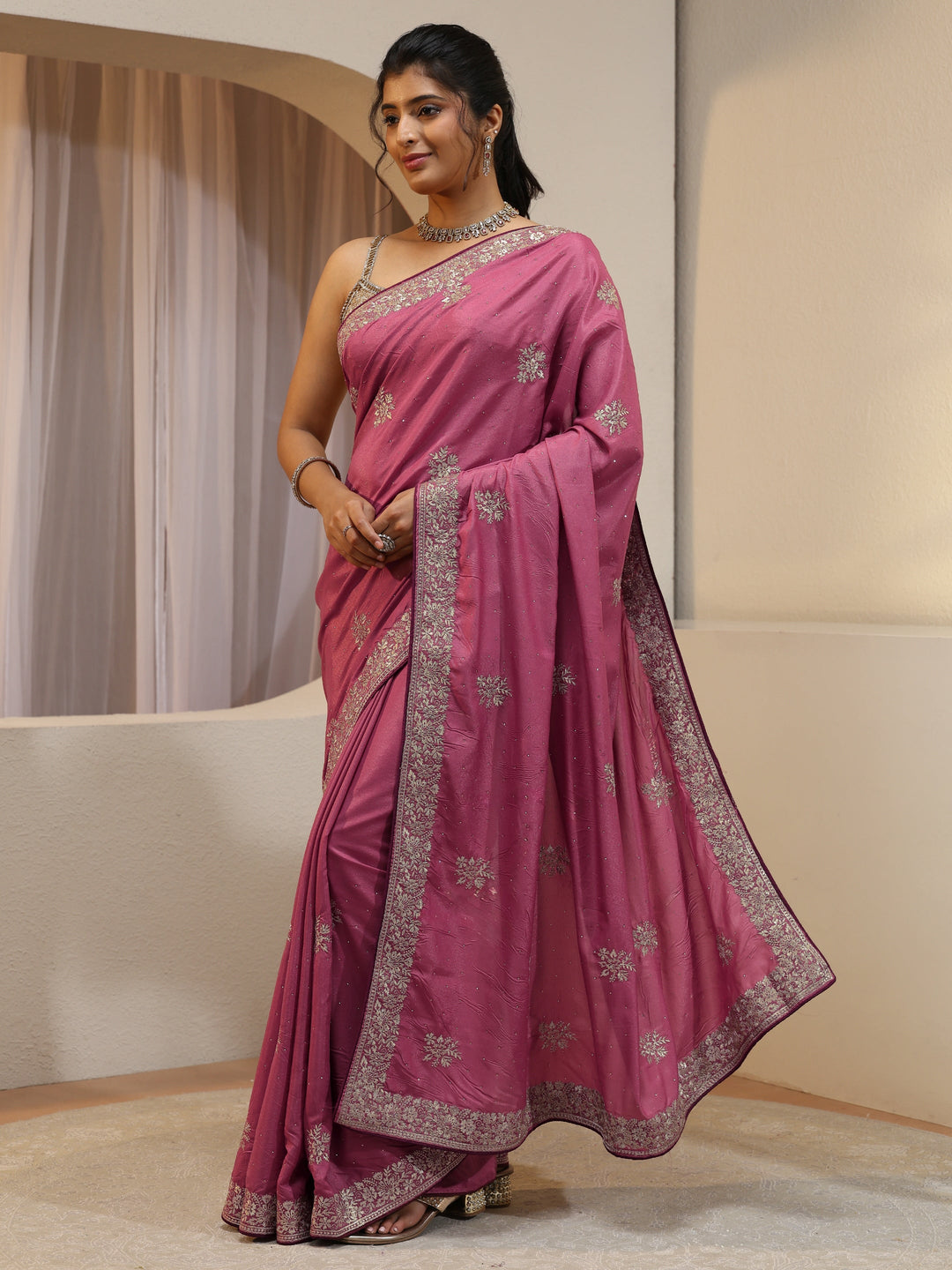  Dusty Pink Floral Embroidered Silk Blend Saree 