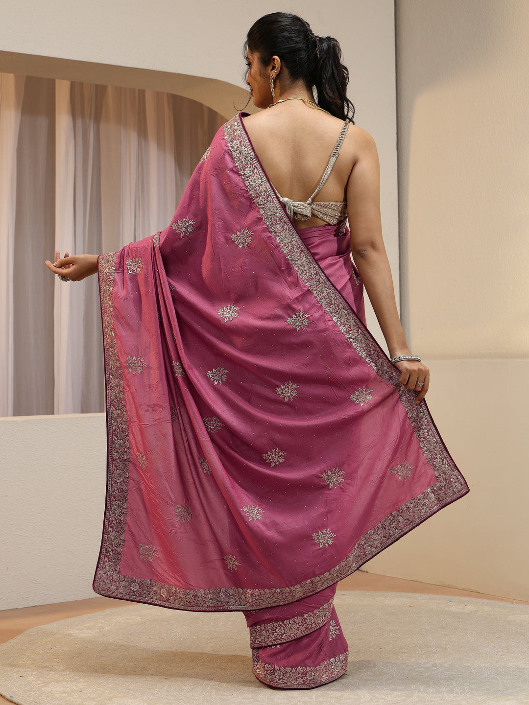  Dusty Pink Floral Embroidered Silk Blend Saree 