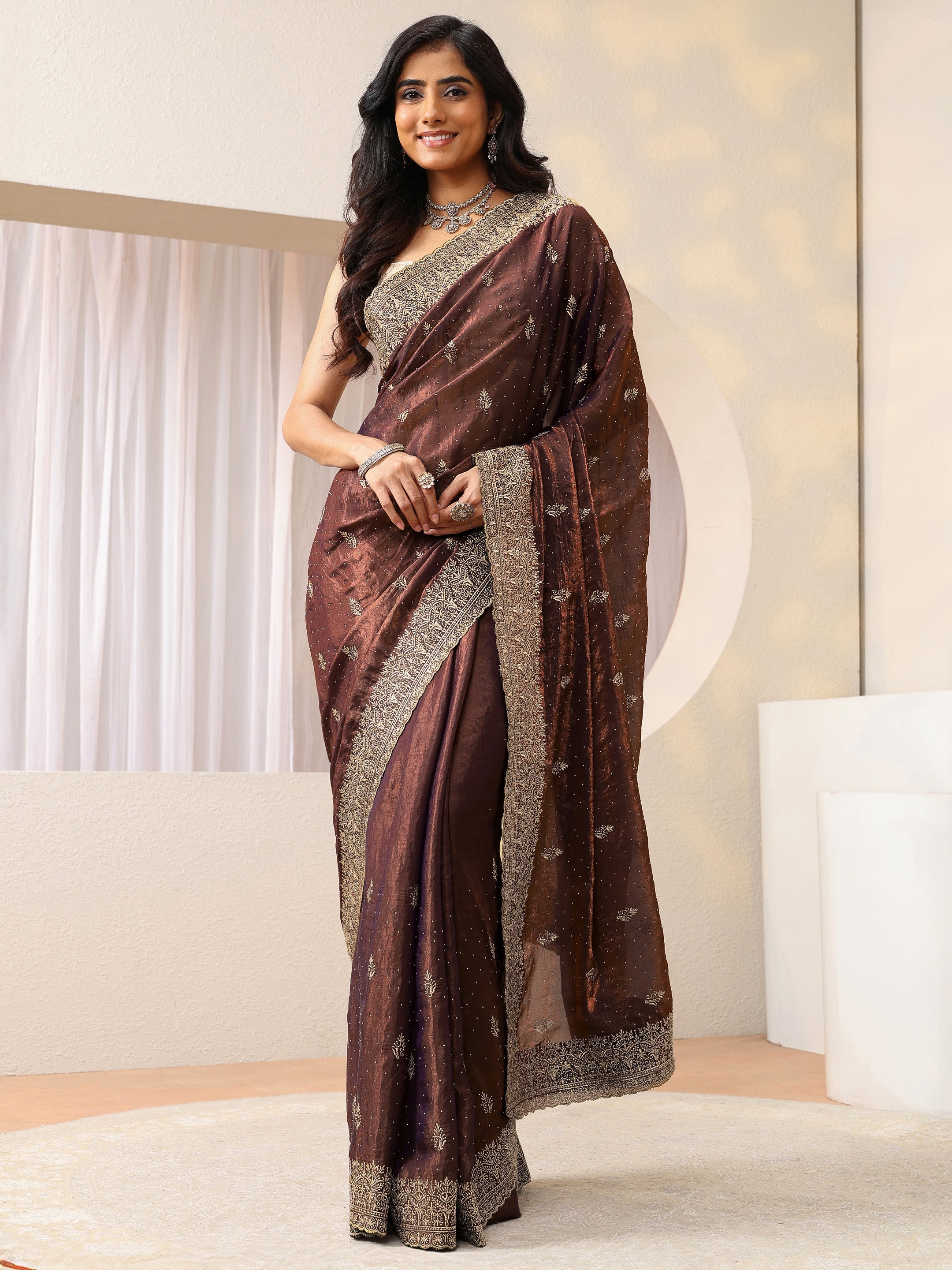 libas Mahogany Brown Floral Embroidered Tissue Saree-picture-22