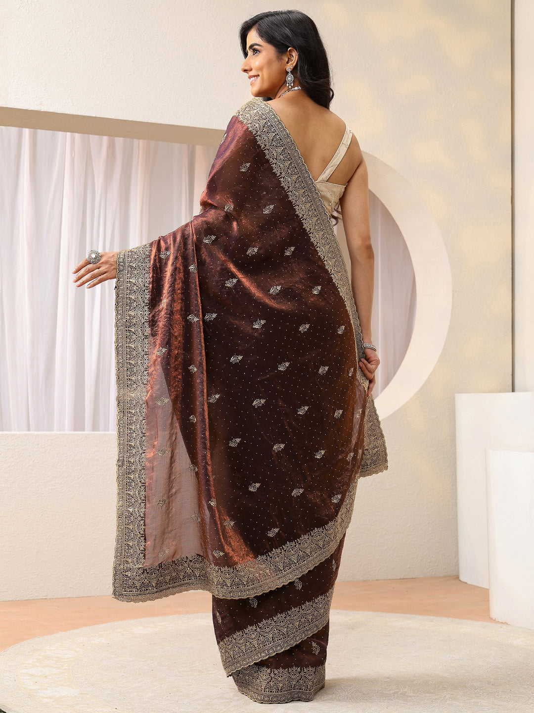  Mahogany Brown Floral Embroidered Tissue Saree 