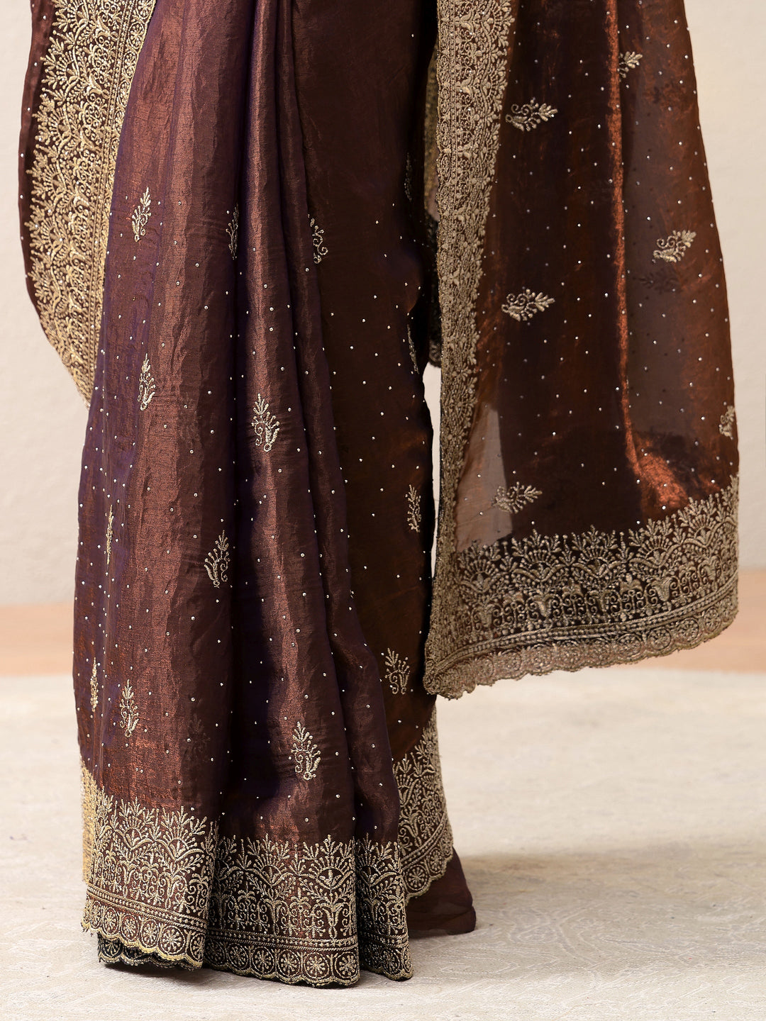  Mahogany Brown Floral Embroidered Tissue Saree 