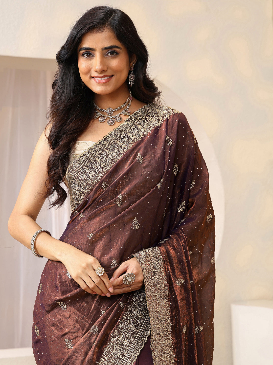  Mahogany Brown Floral Embroidered Tissue Saree 