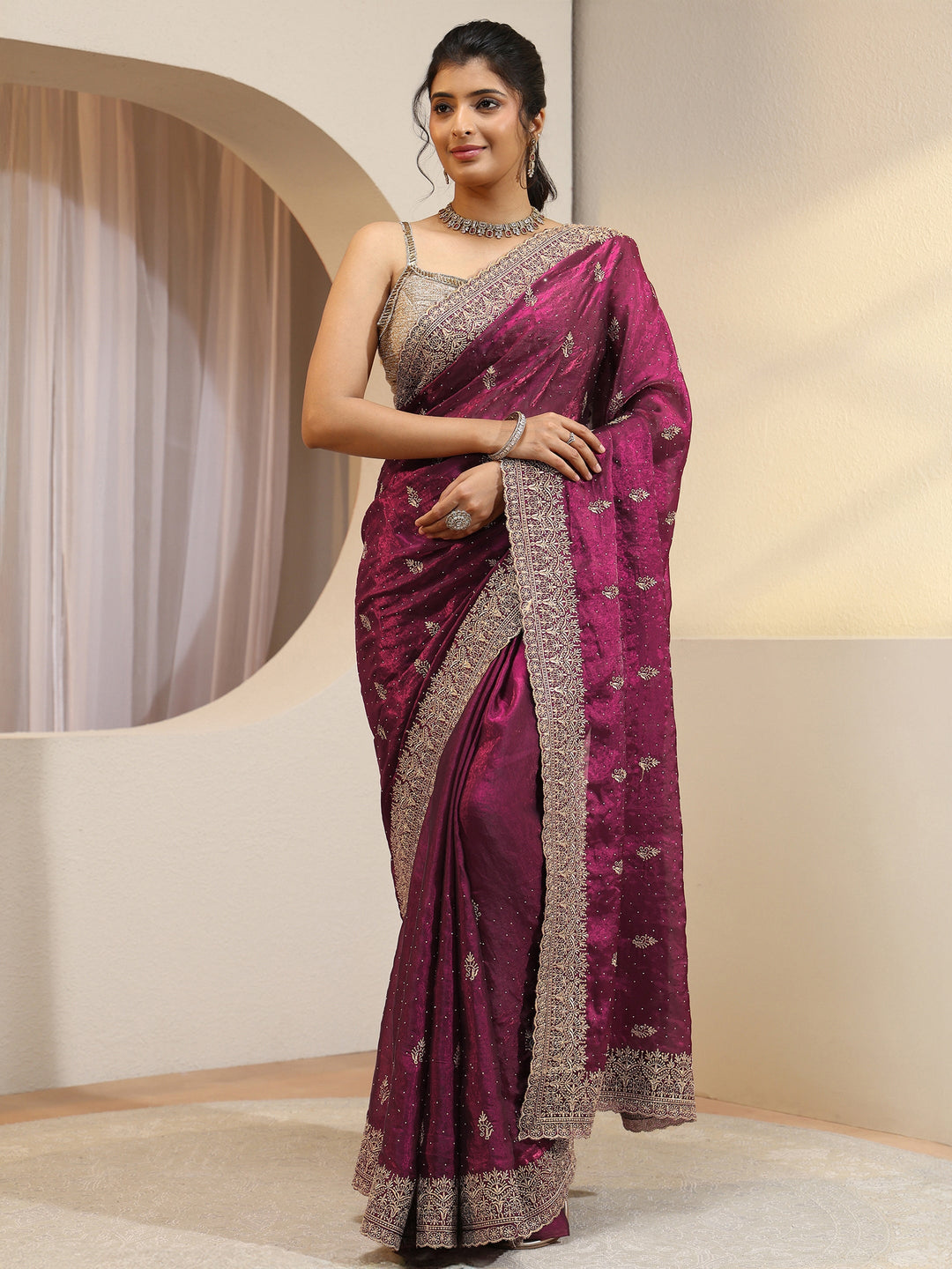  Burgundy Floral Embroidered Tissue Saree 