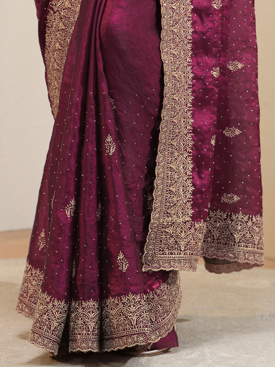  Burgundy Floral Embroidered Tissue Saree 