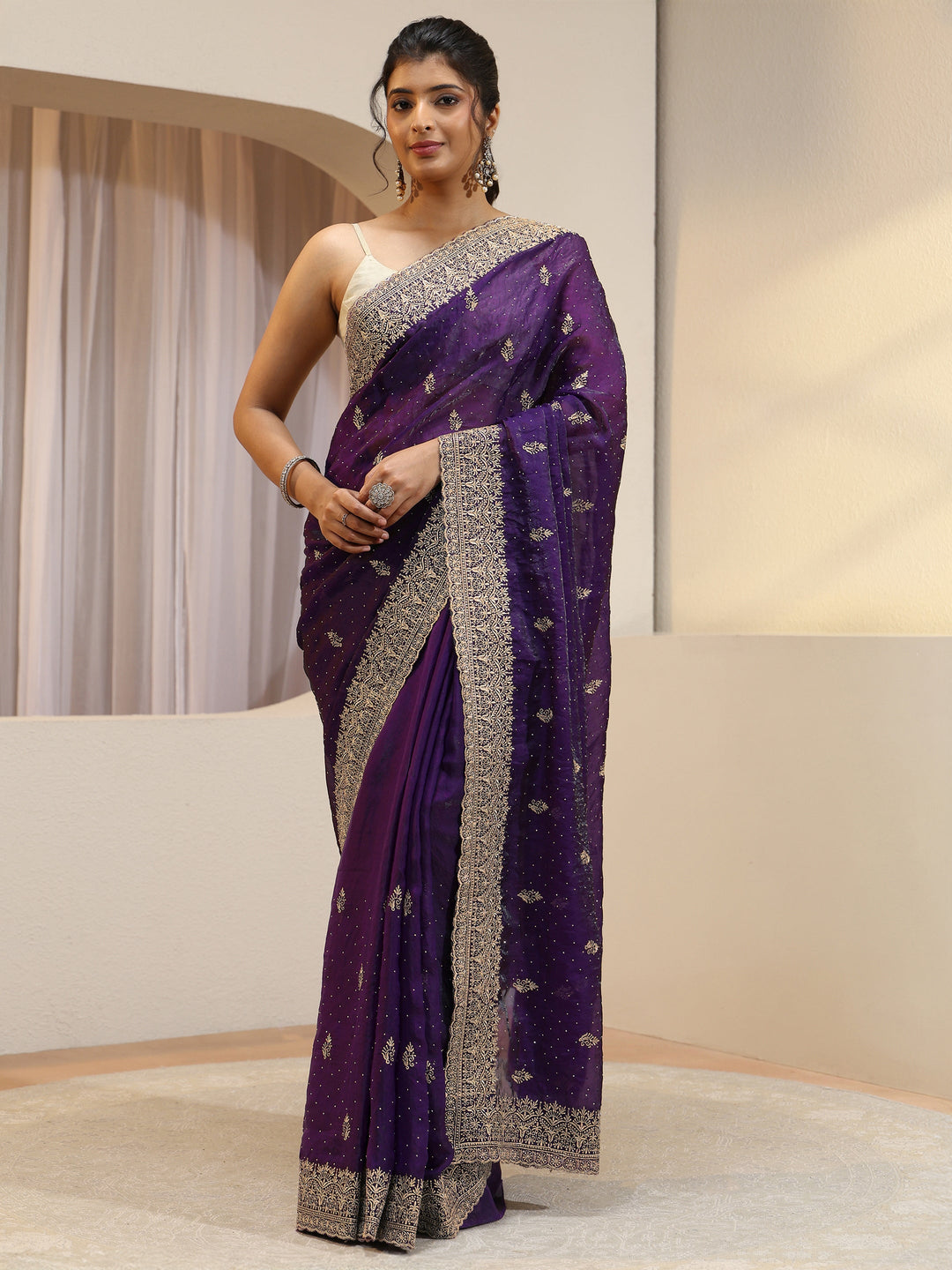  Aubergine Tissue Saree With Embellished Border 
