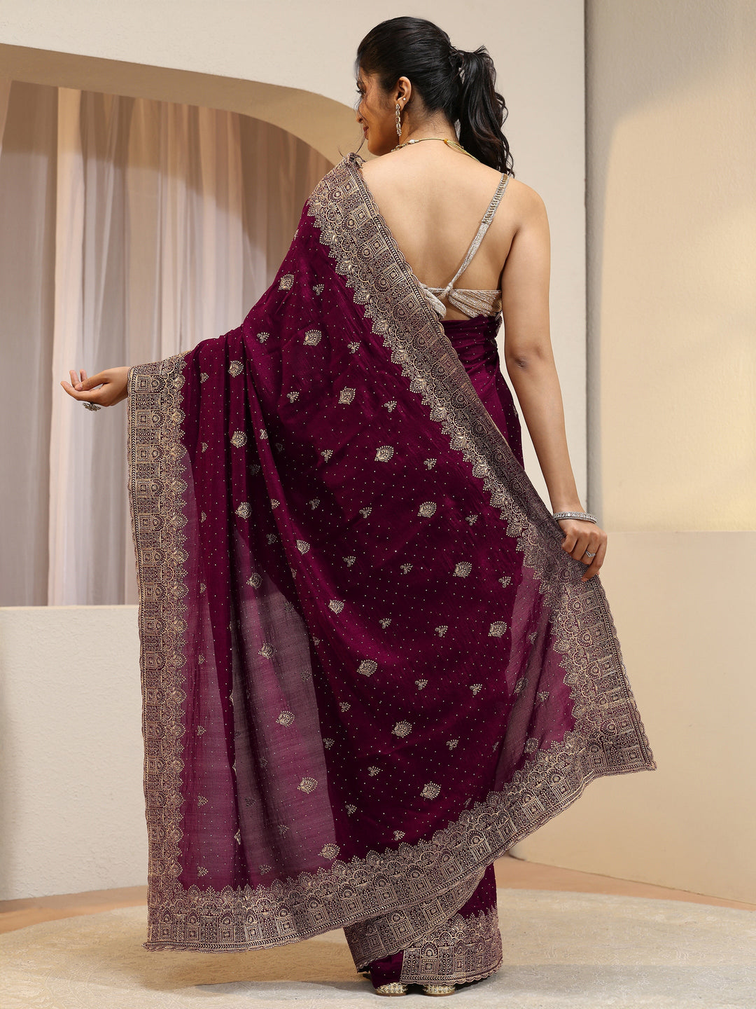 Maroon Tissue Saree With Embellished Border 