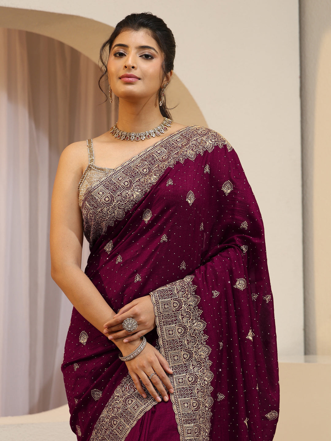  Maroon Tissue Saree With Embellished Border 