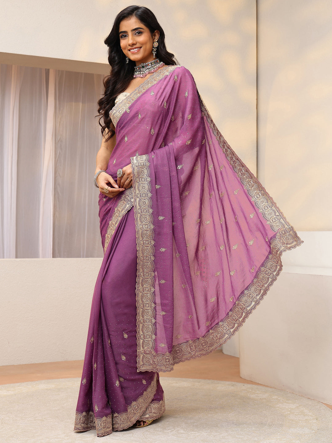  Mulberry Purple Tissue Saree With Embellished Border 