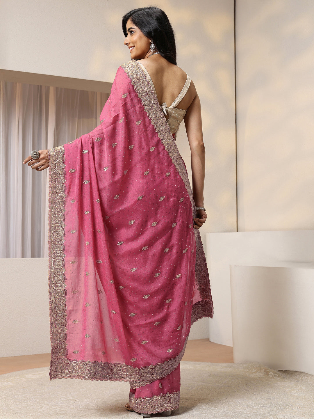 Peach Pink Tissue Saree With Embellished Border 